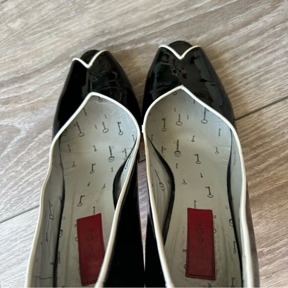 Hugo Boss Peep Toe Patent  Leather Black and White Trim Pumps - Picture 6 of 15
